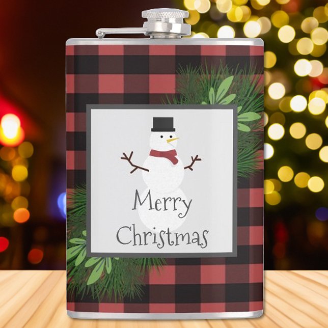 Flacon de bonbon rouge Snowman (Red Snowman Buffalo Plaid Flask)