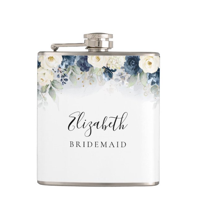 Flacon de Bridal Shower Bleu Nuit et Roses Blanche (Devant)