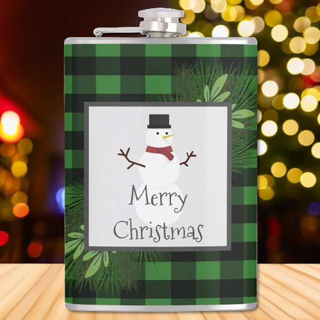 Flacon de Buffle vert des neiges (Green Snowman Buffalo Plaid Flask)