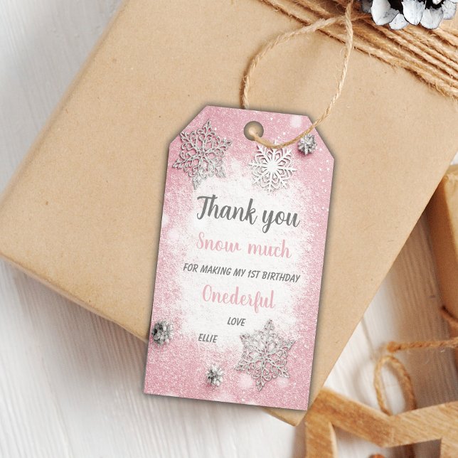 Flacon de neige modifiable Favoriser les étiquette (Pink 1st Winter Birthday Gift Tags)