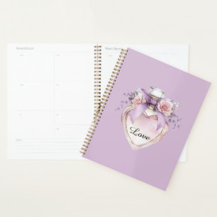 Flacon de parfum violet ruban fleurs roses