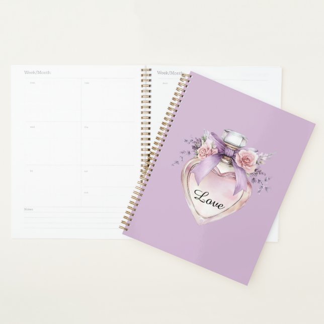 Flacon de parfum violet ruban fleurs roses (Devant avec enveloppe)
