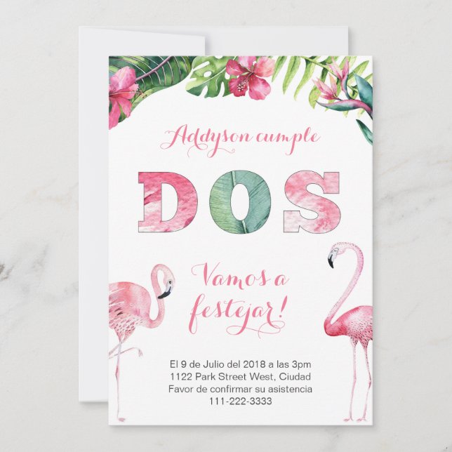 Flamant rose 2e anniversaire invitations en espagn (Devant)