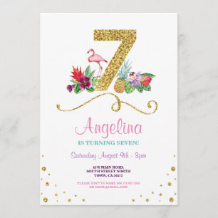 Flamant rose Aloha 7e Sept Anniversaire Invitation