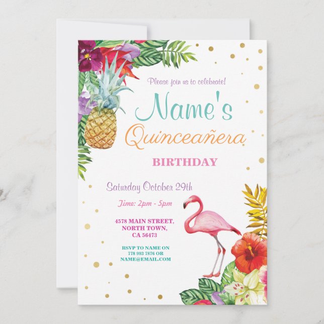 Flamant rose Aloha Quinceanera Invitation de fête  (Devant)