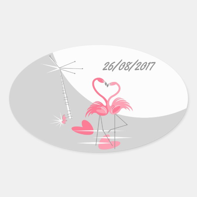 Flamant rose Amour Grande Lune Date autocollant ov (Devant)