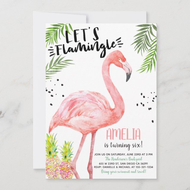 Flamant rose Ananas Watercolor Invitation (Devant)