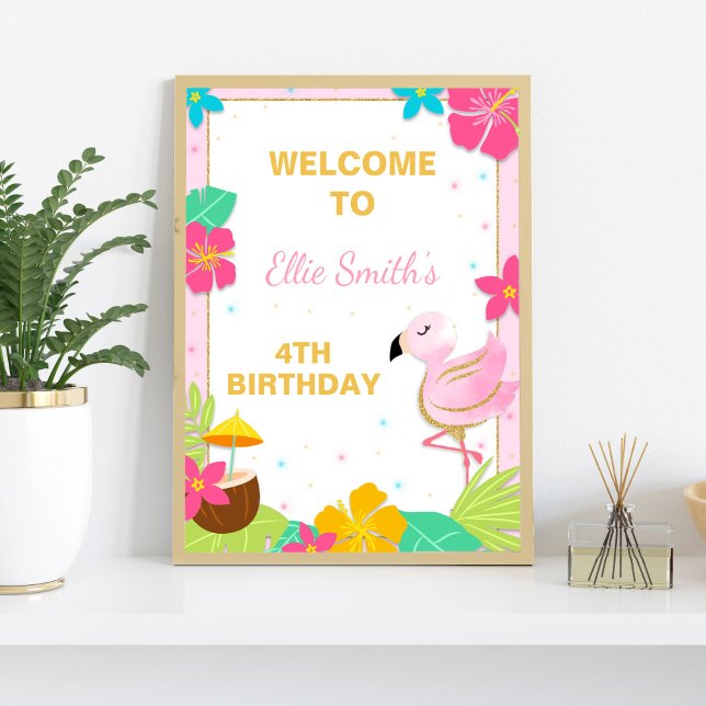 Flamant rose Anniversaire Affiche de bienvenue de  (Flamingo Party Signs)