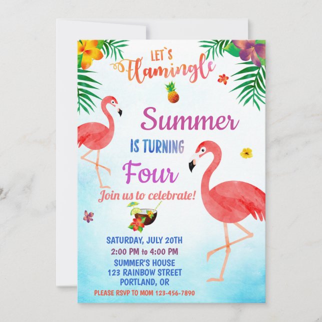 Flamant rose anniversaire invitation invitation lu (Devant)