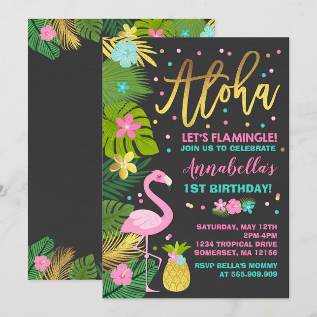 Flamant rose Anniversaire Invitation Topique Luau (Devant / Derrière)
