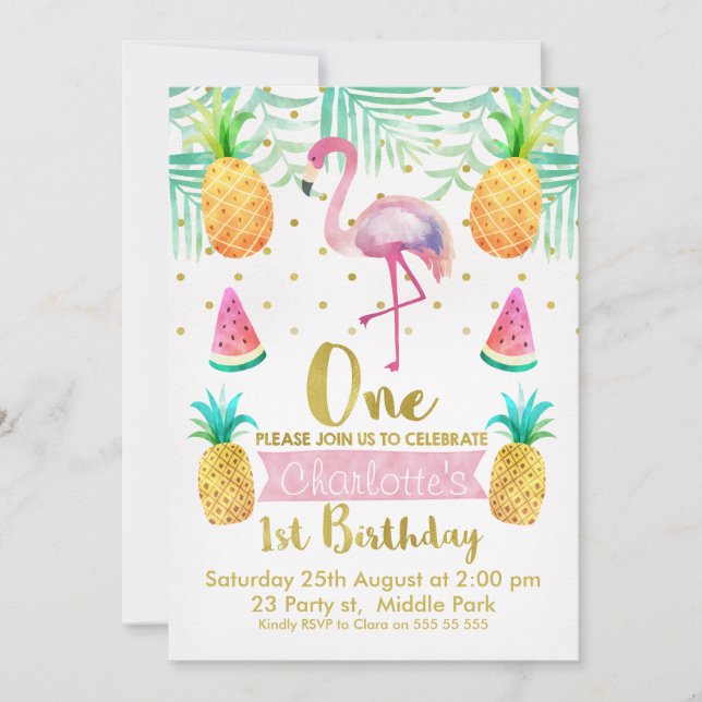 Flamant rose aquarelle 1er invitation anniversaire (Devant)