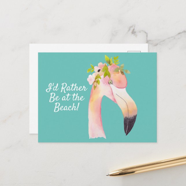 Flamant rose aquarelle - carte postale à la plage (Devant/Arrière en situation)