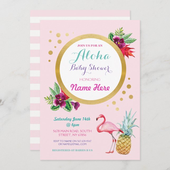 Flamant rose Baby shower Aloha Invitation tropical (Devant / Derrière)