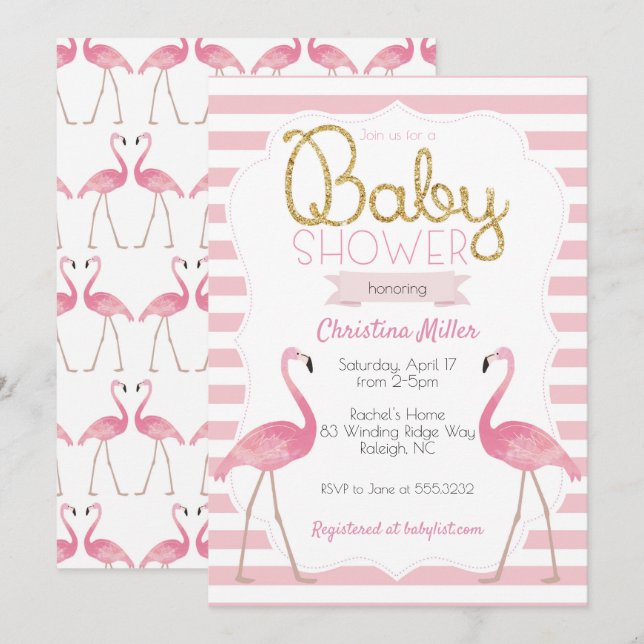 Flamant rose Baby shower Invitation (Devant / Derrière)