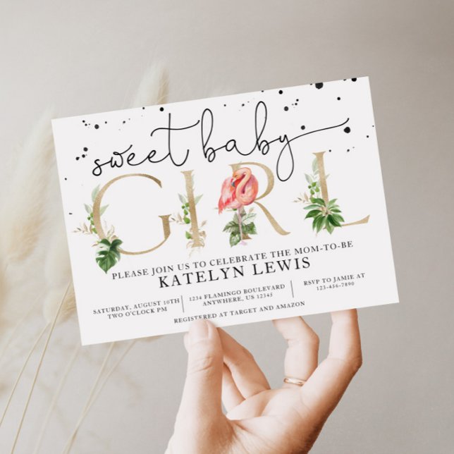 Flamant rose Baby shower Invitation avec Palm Feui (Créateur téléchargé)