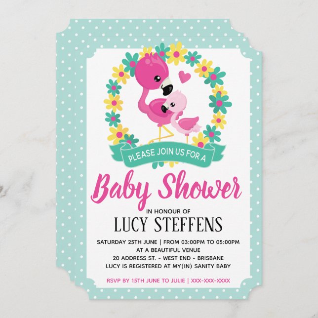 Flamant rose bébé et maman Invitation Baby shower (Devant / Derrière)