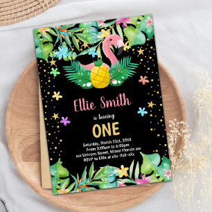 Flamant rose d'ananas noir Invitations d'anniversa