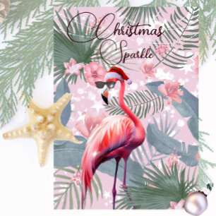 Flamant rose de Noël Lumières tropicales Carte de 