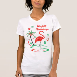 Flamant rose de Noël rouge Happy Holidays t-shirt