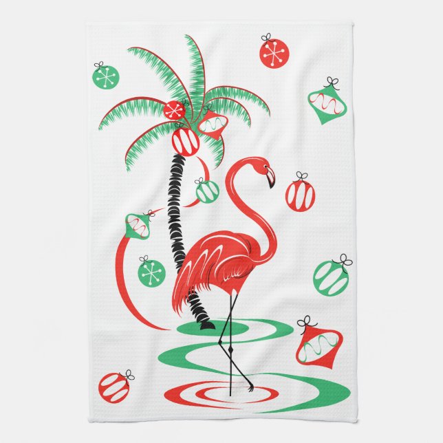 Flamant rose de Noël rouge serviette de cuisine Ba (Vertical)