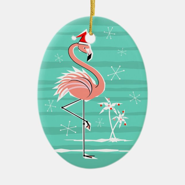 Flamant rose de Noël Stripe Texte ornement ovale (Devant)