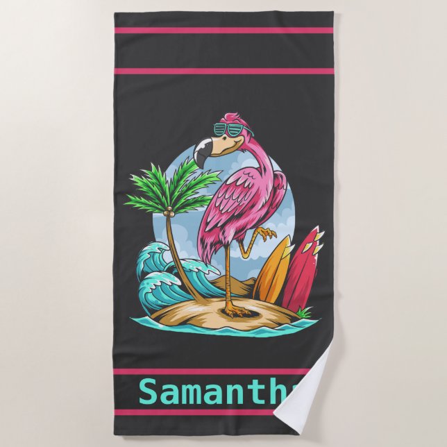 Flamant rose de surf personnalisé serviette de pla (Devant)