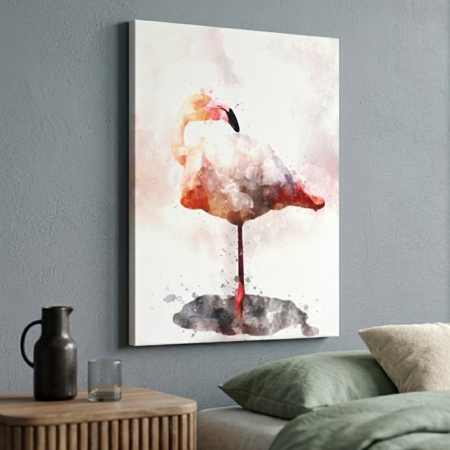 Flamant Rose Debout en Impression d'Art à l'Aquare (Pink Flamingo Standing in Watercolor Art Print. Canvas Print)