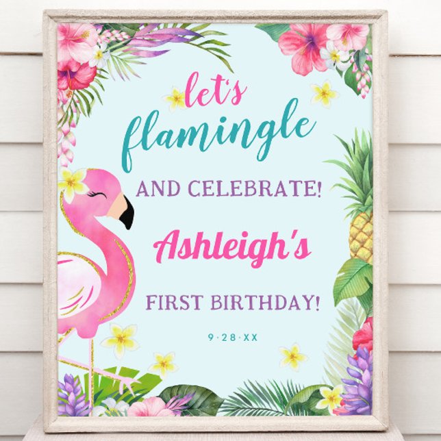 Flamant rose d'été Anniversaire Affiche de bienven (Summer Flamingo Birthday Party Welcome Sign)