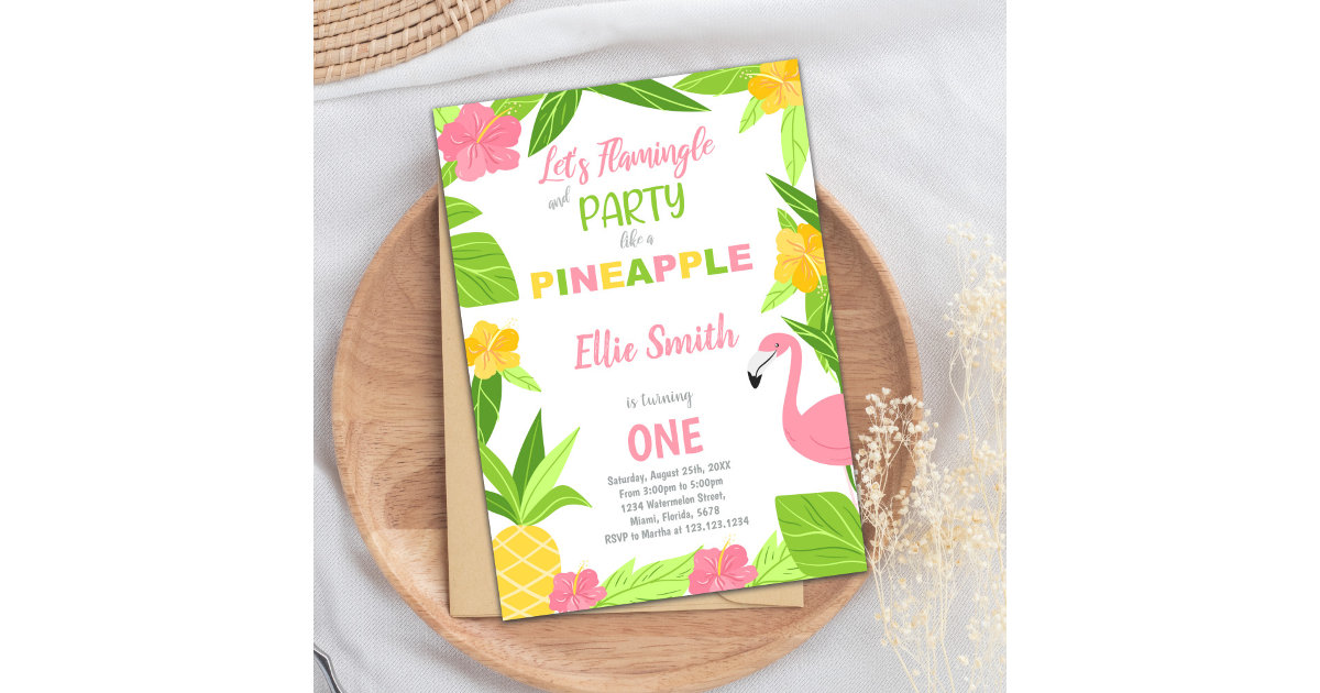 Flamant rose et ananas Invitations d'anniversaire Zazzle.fr