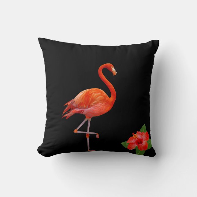 Flamant rose et hibiscus sur un coussin de jet noi (Recto)