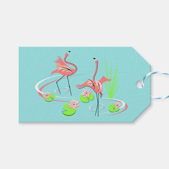 Flamant rose Fandango Duo 2 étiquette cadeau bleu  (Devant (Horizontal))