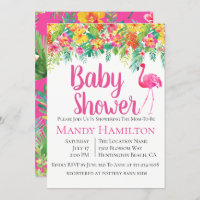 Flamant rose floral Invitation Baby shower tropica