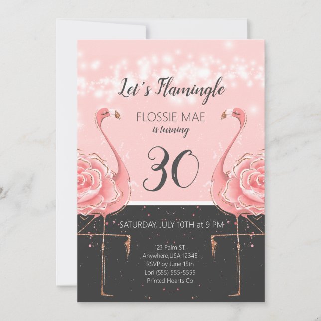 Flamant rose Floral Invitation d'anniversaire | Or (Devant)