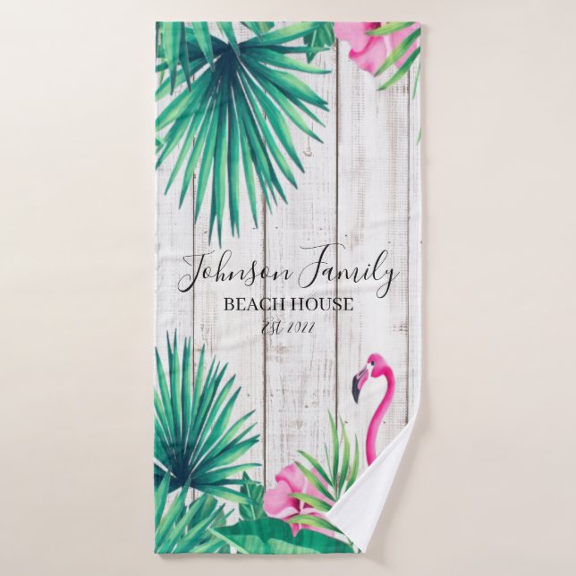 Flamant rose floral tropical rose Nom de famille P (Serviette de bain)