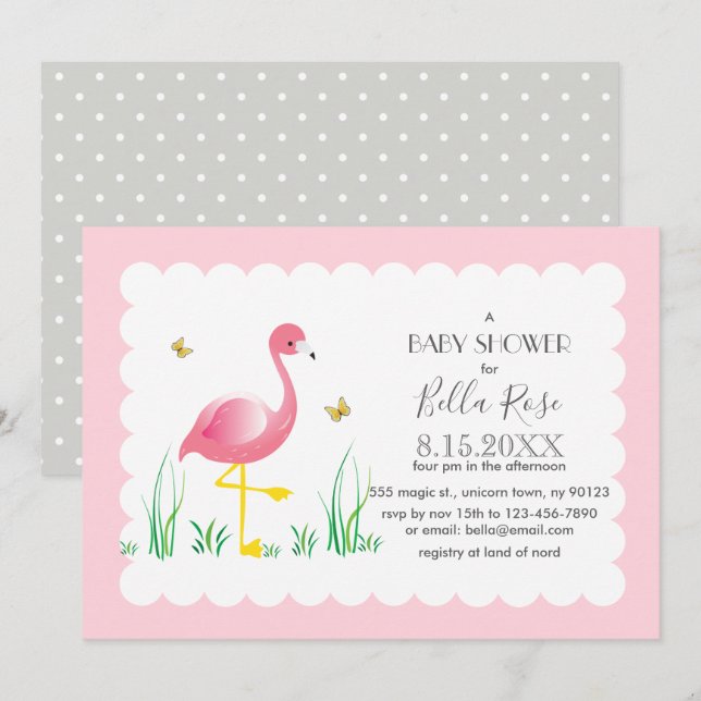 Flamant rose Grey Pois Baby shower Invitation (Devant / Derrière)