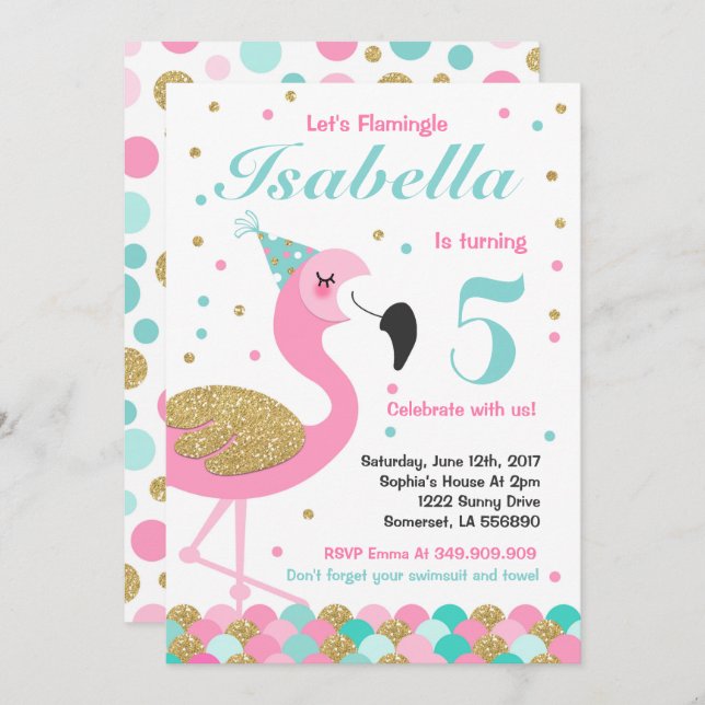 Flamant rose Invitation d'anniversaire Topic Pool  (Devant / Derrière)