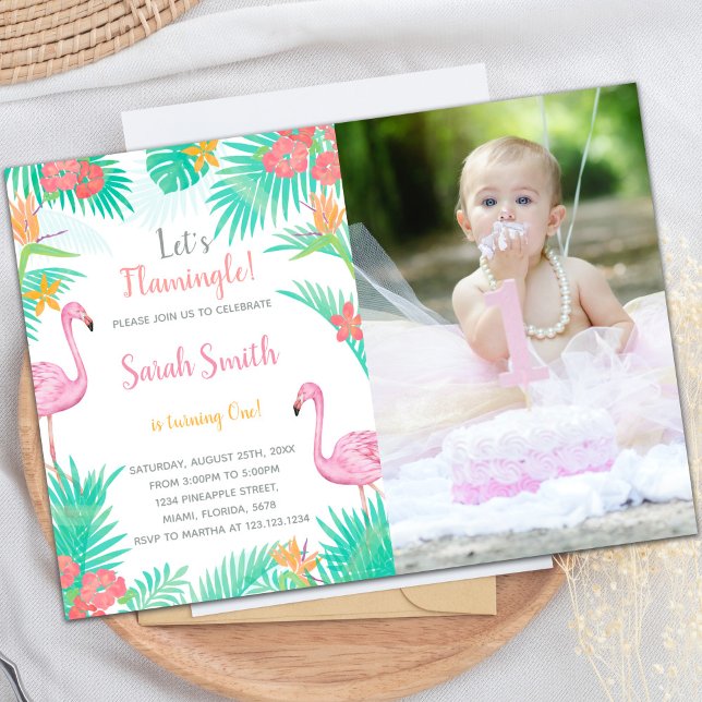 Flamant rose Invitations d'anniversaire avec photo (Flamingo Birthday Invitations with photo)