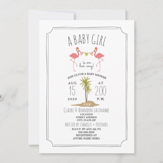 Flamant rose Island Baby shower Invitation (Devant)