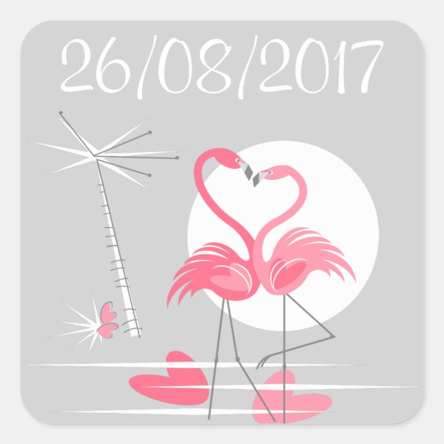 Flamant rose Love Date sticker carré (Devant)