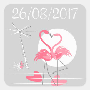 Flamant rose Love Date sticker carré