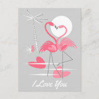 Flamant rose Love I Love You carte postale paysage