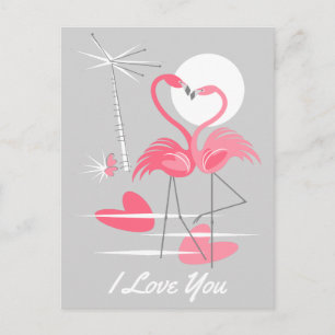 Flamant rose Love I Love You carte postale paysage