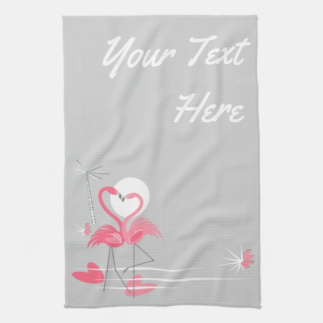 Flamant rose Love Side Texte serviette de cuisine  (Vertical)