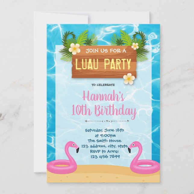 Flamant rose luau anniversaire invitation (Devant)