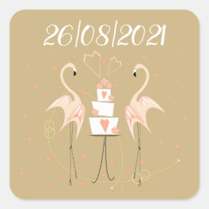 Flamant rose Mariage Date carré Carré Sticker