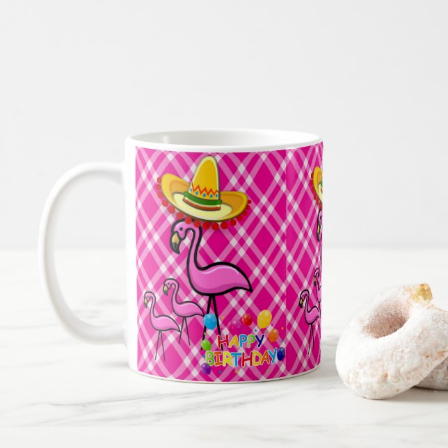 Flamant rose Mug Joyeux Anniversaire Mug (Avec donut)