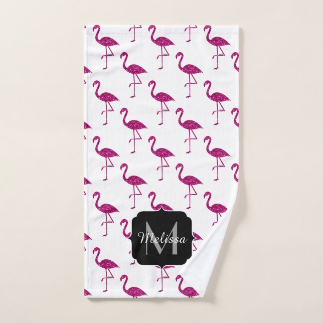 Flamant rose pailleté rose Monogramme (Serviette à main)