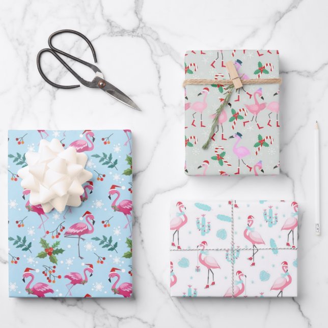 Flamant rose papier d'emballage de Noël 3 pack (Recto)