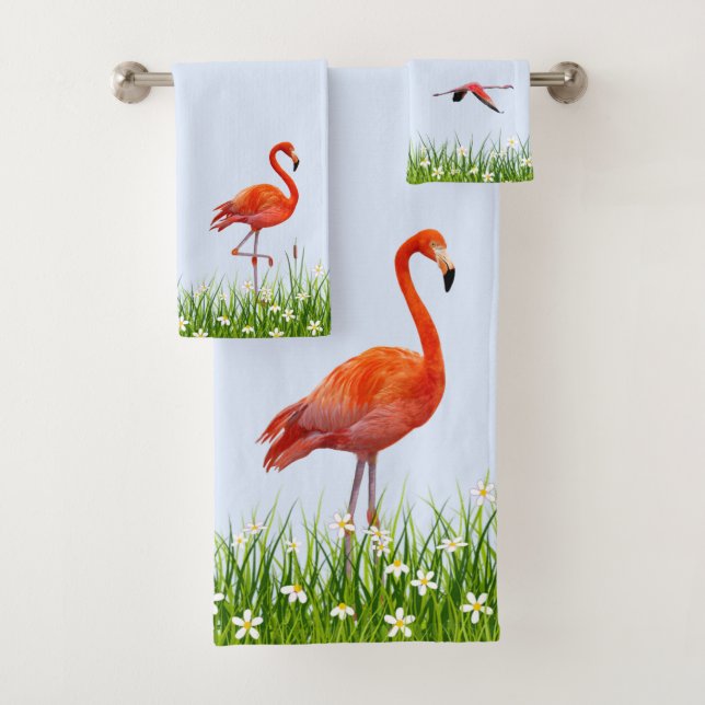 Flamant rose & Prairie avec Fleurs sur Fond Bleu C (En situation)