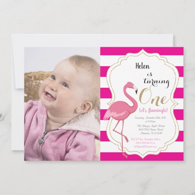Flamant rose Premier anniversaire Invitation fille (Devant)